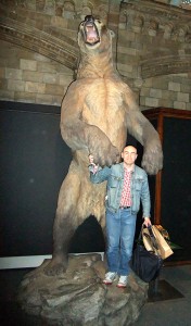 Me and short-faced bear Arctodus simus, life-sized model, Dr Karl Shuker