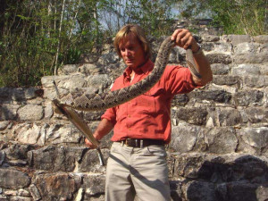 Austin Stevens with a rare tzabcan rattlesnake in Yucatan, Mexico.