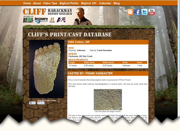 screen shot of Cliff Barackman Bigfoot Print casts Database